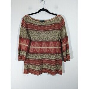 Lauren by Ralph Lauren Red Tan Southwest Aztec Linen Cotton Knit Sweater Size L